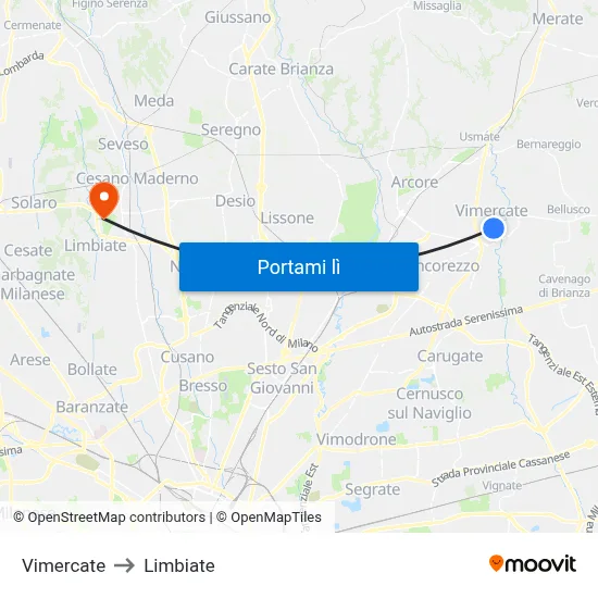 Vimercate to Limbiate map