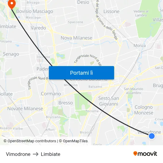Vimodrone to Limbiate map