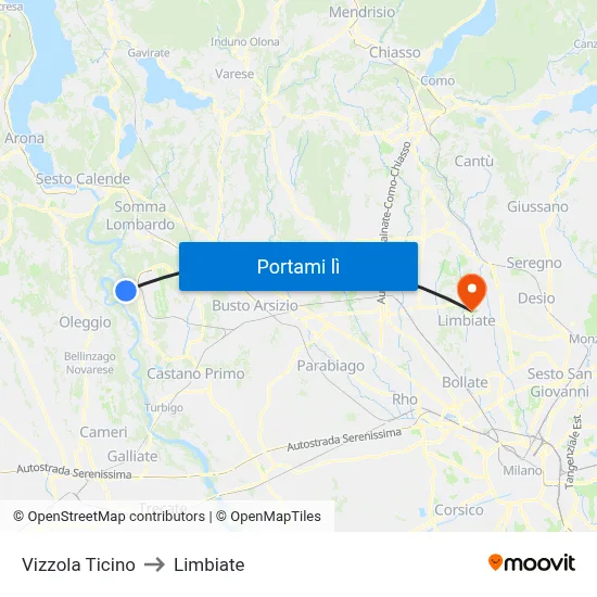 Vizzola Ticino to Limbiate map