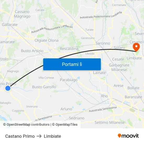 Castano Primo to Limbiate map