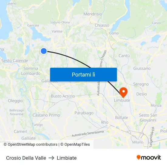 Crosio Della Valle to Limbiate map