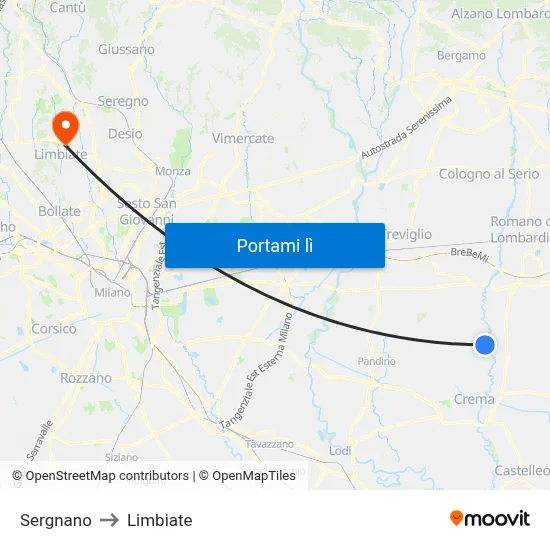 Sergnano to Limbiate map