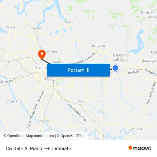Cividate Al Piano to Limbiate map