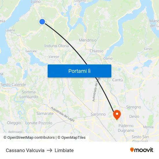 Cassano Valcuvia to Limbiate map