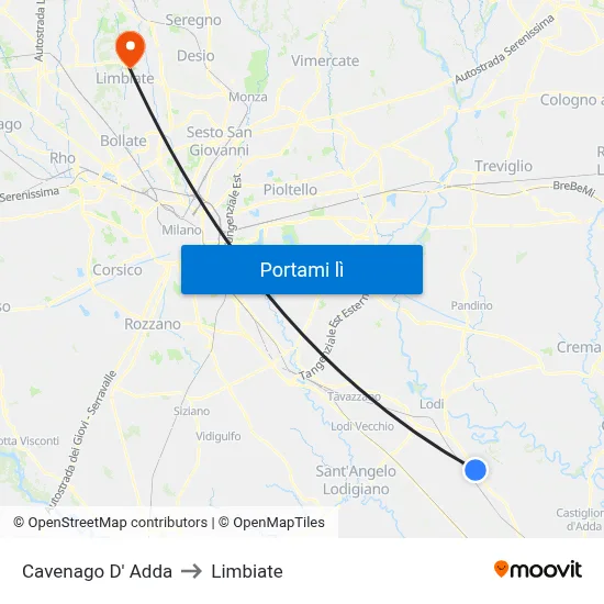 Cavenago D' Adda to Limbiate map