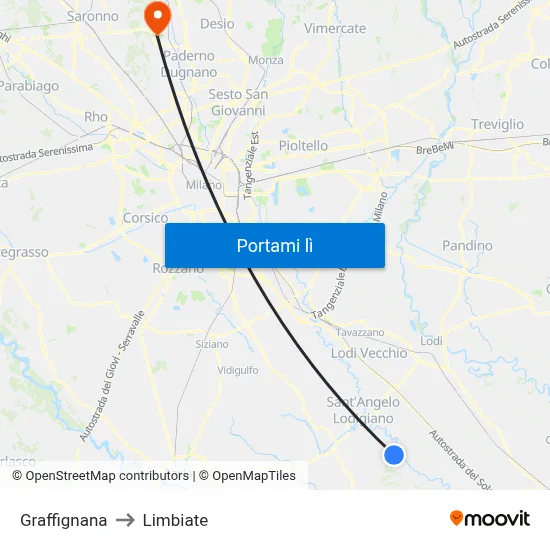 Graffignana to Limbiate map