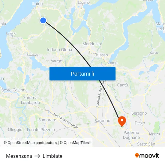Mesenzana to Limbiate map