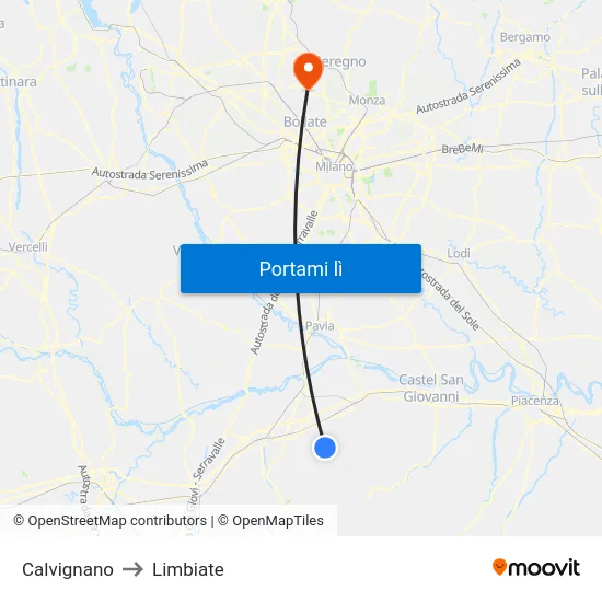 Calvignano to Limbiate map