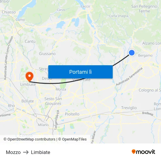 Mozzo to Limbiate map