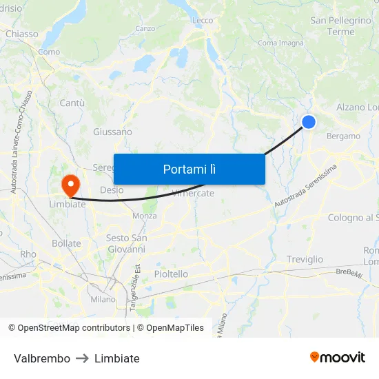 Valbrembo to Limbiate map
