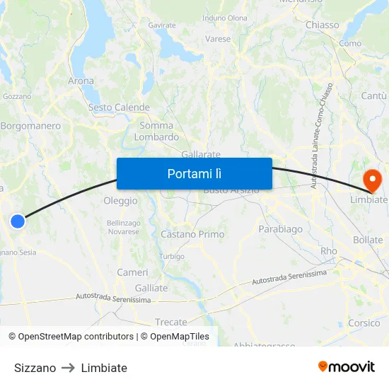 Sizzano to Limbiate map