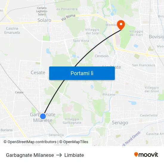 Garbagnate Milanese to Limbiate map