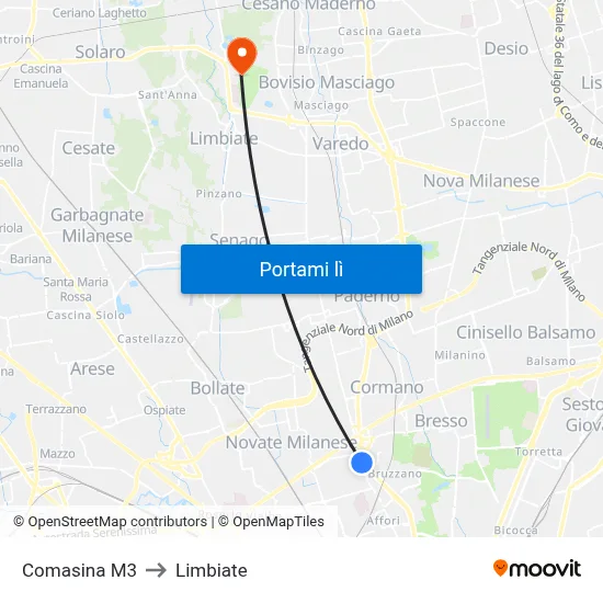 Comasina M3 to Limbiate map