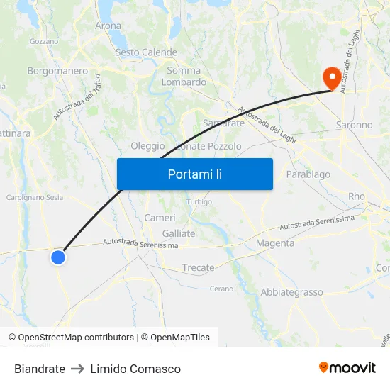 Biandrate to Limido Comasco map