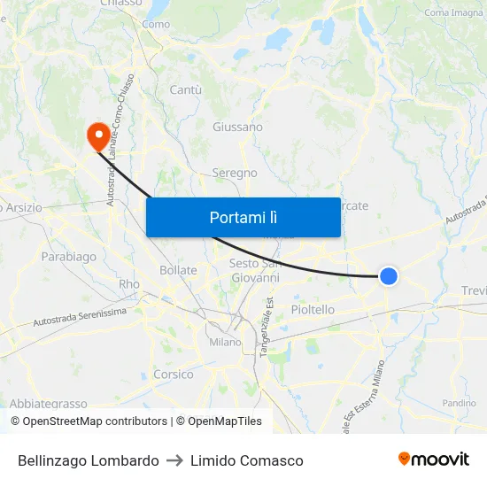 Bellinzago Lombardo to Limido Comasco map