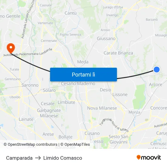 Camparada to Limido Comasco map