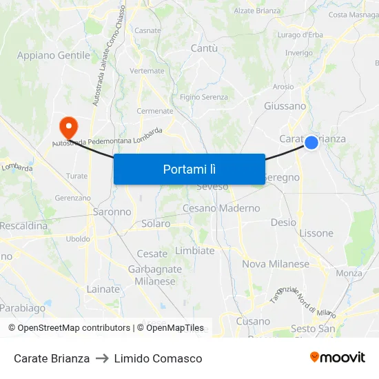 Carate Brianza to Limido Comasco map