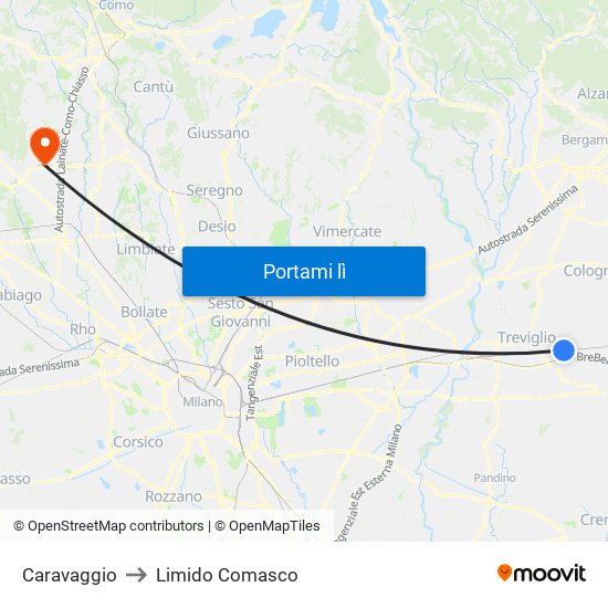 Caravaggio to Limido Comasco map