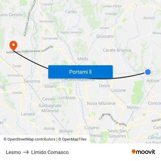 Lesmo to Limido Comasco map