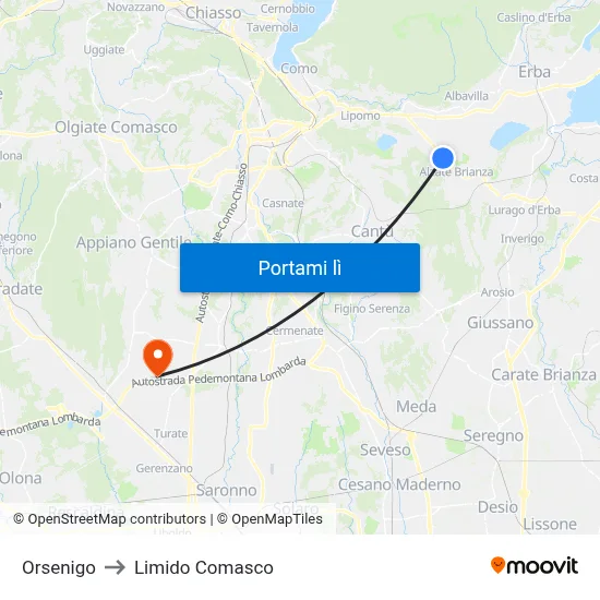 Orsenigo to Limido Comasco map