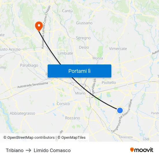 Tribiano to Limido Comasco map