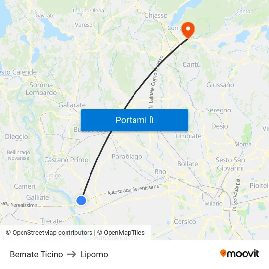 Bernate Ticino to Lipomo map
