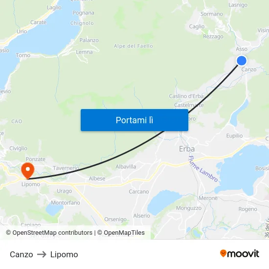 Canzo to Lipomo map