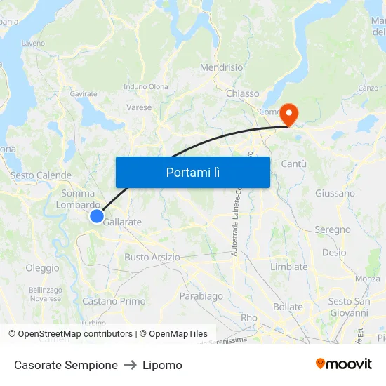 Casorate Sempione to Lipomo map