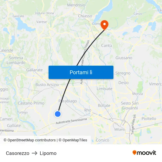 Casorezzo to Lipomo map