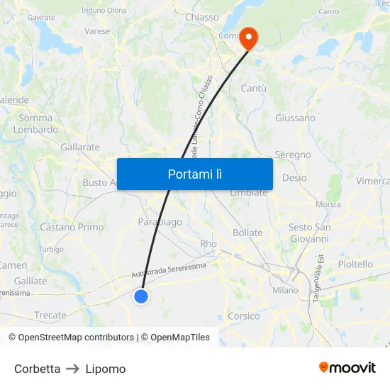 Corbetta to Lipomo map