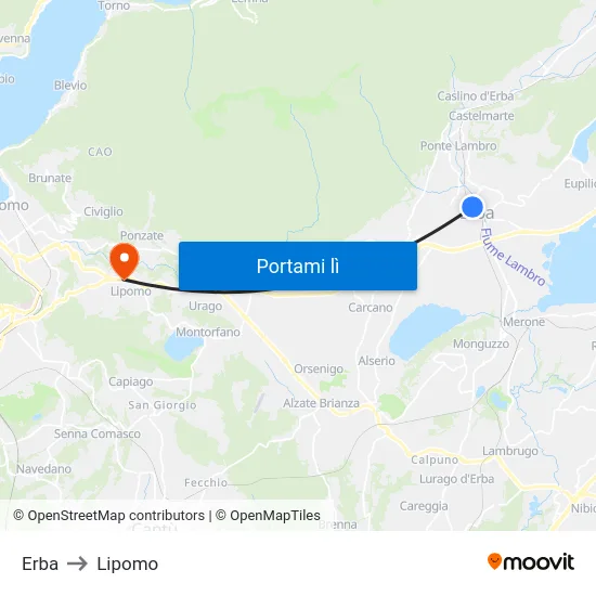 Erba to Lipomo map