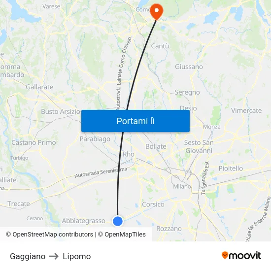 Gaggiano to Lipomo map