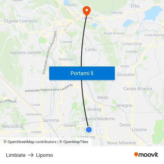 Limbiate to Lipomo map