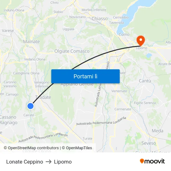 Lonate Ceppino to Lipomo map