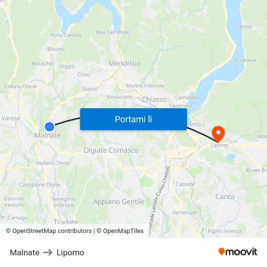 Malnate to Lipomo map