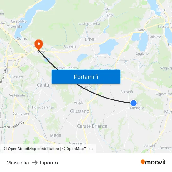 Missaglia to Lipomo map