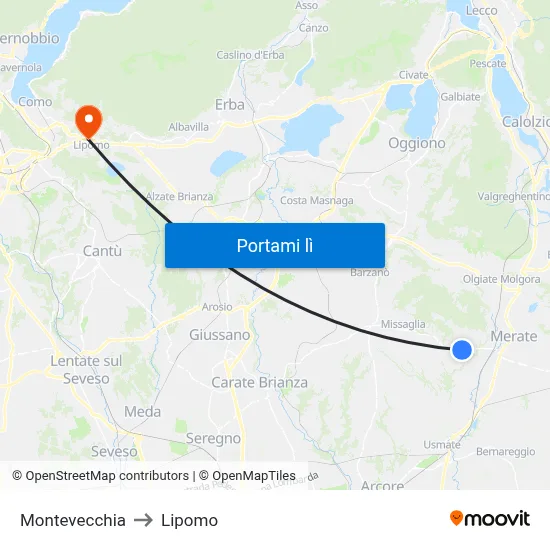 Montevecchia to Lipomo map