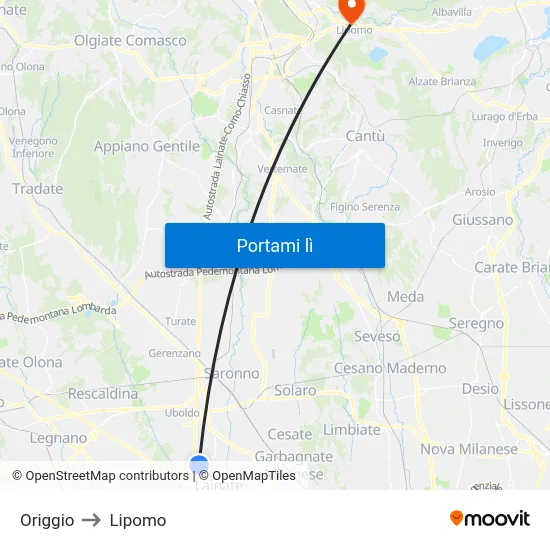 Origgio to Lipomo map