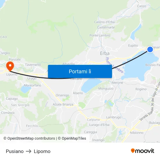 Pusiano to Lipomo map