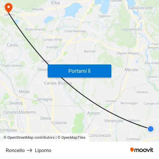 Roncello to Lipomo map
