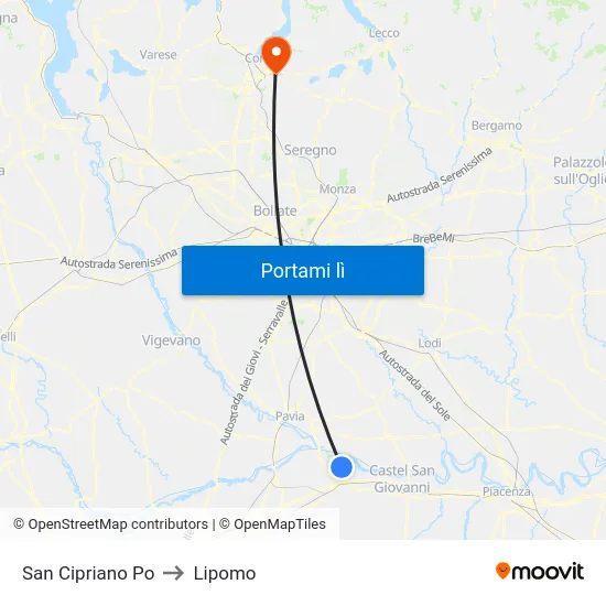 San Cipriano Po to Lipomo map