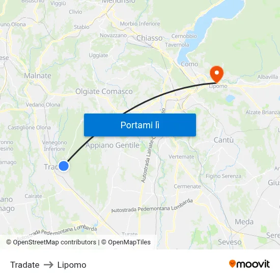 Tradate to Lipomo map