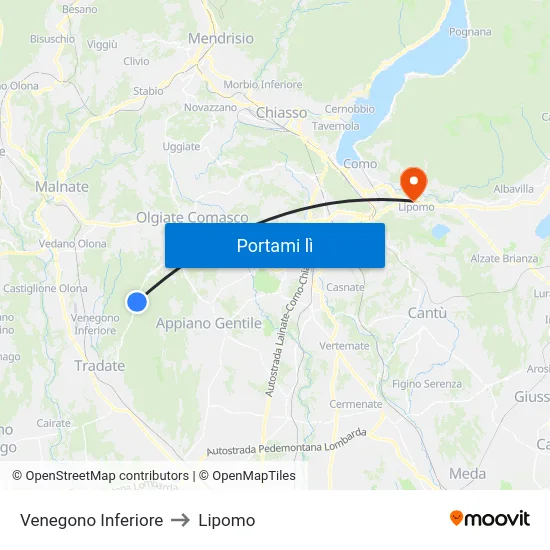 Venegono Inferiore to Lipomo map