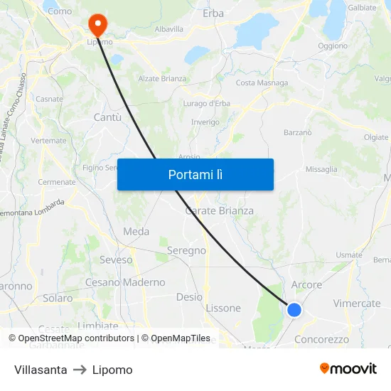 Villasanta to Lipomo map