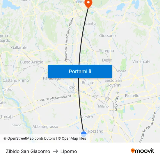 Zibido San Giacomo to Lipomo map