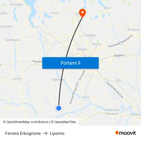 Ferrera Erbognone to Lipomo map