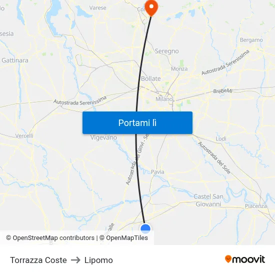 Torrazza Coste to Lipomo map