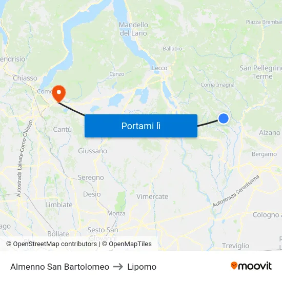 Almenno San Bartolomeo to Lipomo map