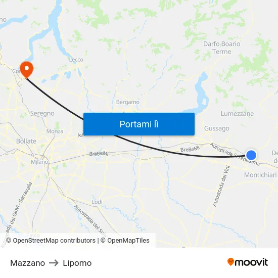Mazzano to Lipomo map