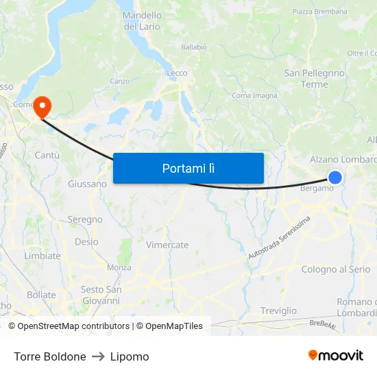 Torre Boldone to Lipomo map